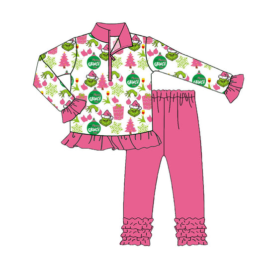 presale GLP2734 Baby Girls Green Face Gifts Zipper Pullover Ruffle Leggings Christmas Set   D 821