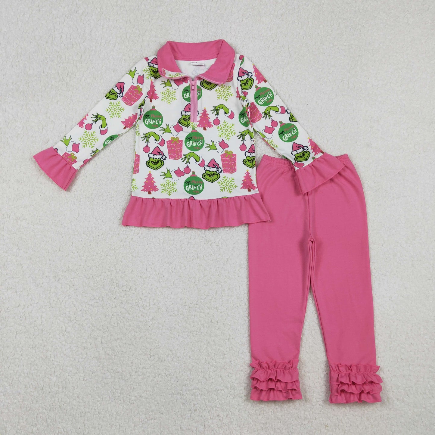 GLP2734 Baby Girls Green Face Gifts Zipper Pullover Ruffle Leggings Christmas Set