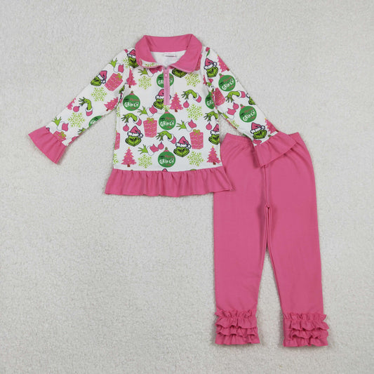 GLP2734 Baby Girls Green Face Gifts Zipper Pullover Ruffle Leggings Christmas Set