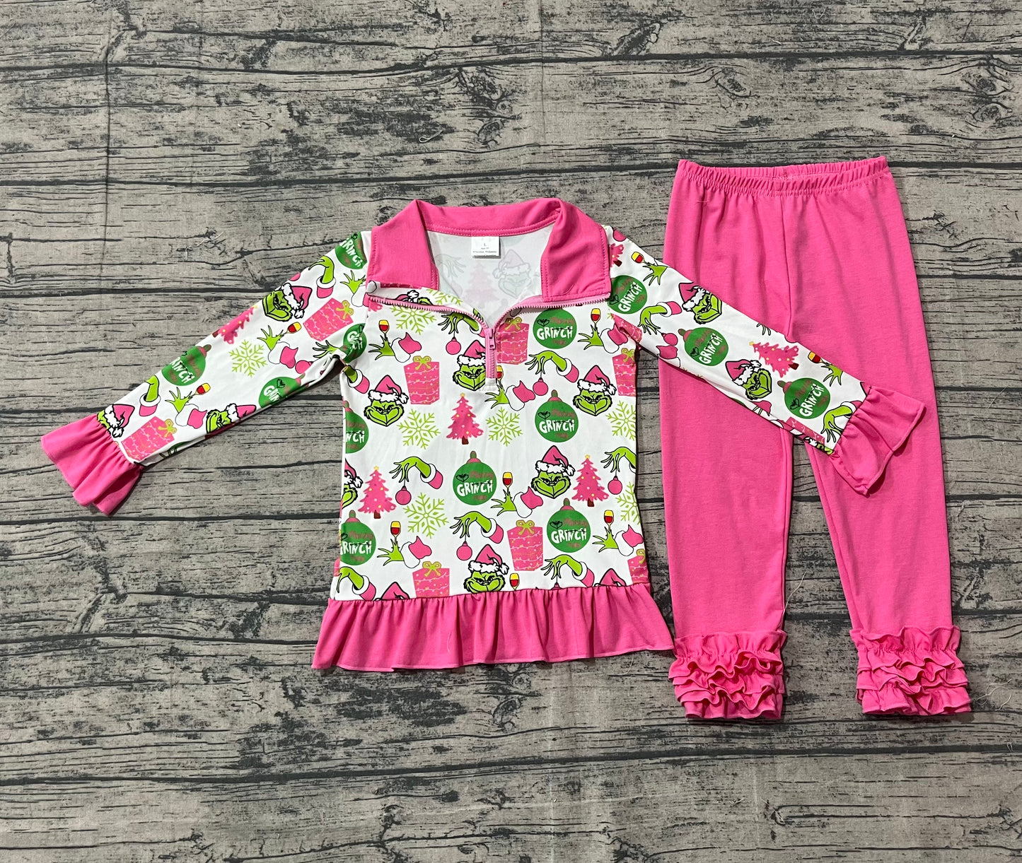 presale GLP2734 Baby Girls Green Face Gifts Zipper Pullover Ruffle Leggings Christmas Set   D 1001