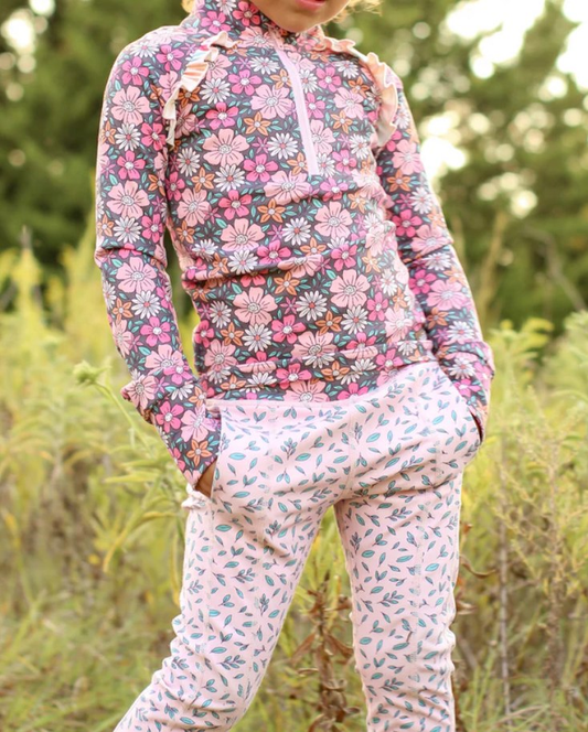 presale GLP2735 Baby Girls Pink Flowers Zipper Pullover Pockets Pant Yoga Active Set  D 821