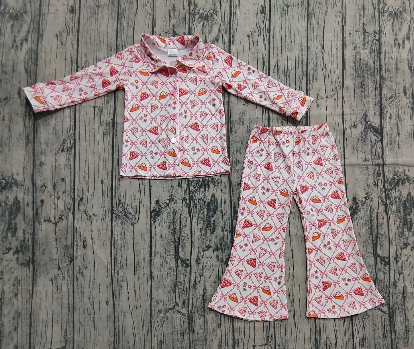 GLP2738 Baby Girls Bows Flowers Pie Checked Button Top Pant Thanksgiving Pajamas Set D 902