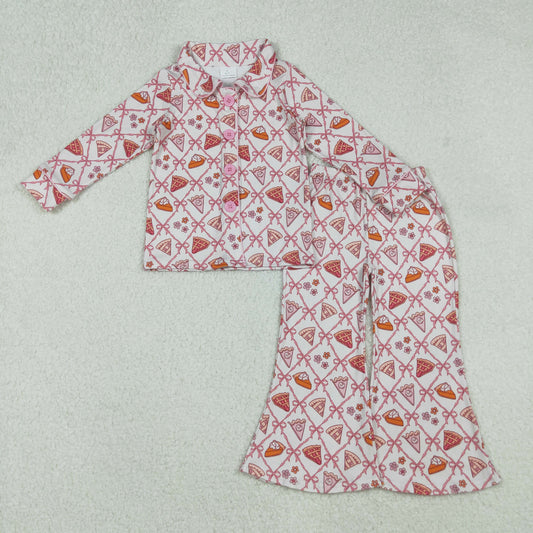 GLP2738 Baby Girls Bows Flowers Pie Checked Button Top Pant Thanksgiving Pajamas Set D 902