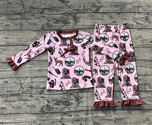 presale GLP2741  Baby Girls Deer Hunting Top Pant Western Pajamas Set   D 1202