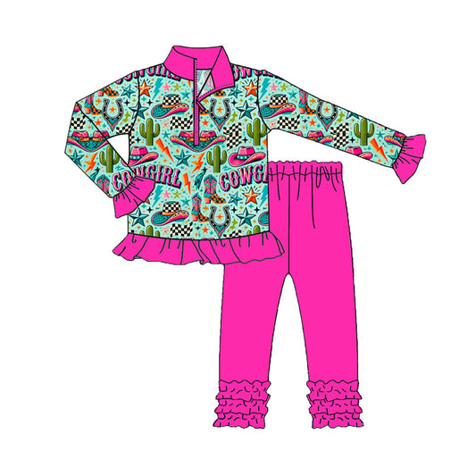 presale GLP2744 Baby Girls Hats Cactus Zipper Pullovers Ruffle Legging Pants Western Set  D 830