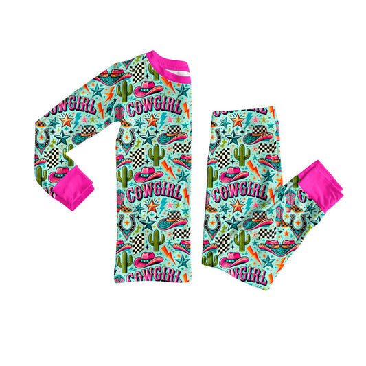 presale GLP2745 Baby Girls Hats Cactus Plaid Top Pant Western Pajamas Set  D 830