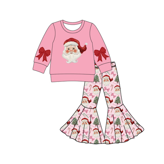 presale GLP2748 Baby Girls Pink Santa Bows Top Bell Bottom Pant Christmas Set D 830