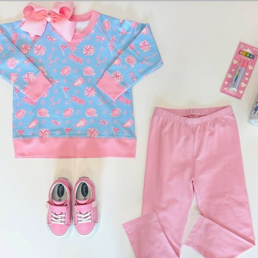 presale GLP2749  Baby Girls Pink Footballs Bows Plaid Top Pant Team Yoga Set D 830