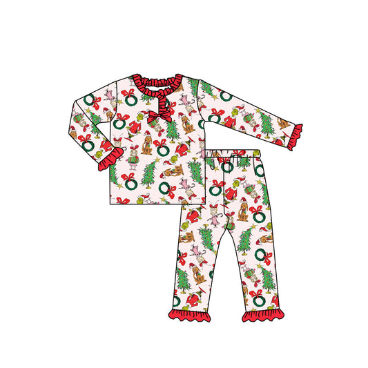 presale GLP2752 Baby Girls Green Faces Gifts Trees Button Top Pant Christmas Pajamas Set D 830