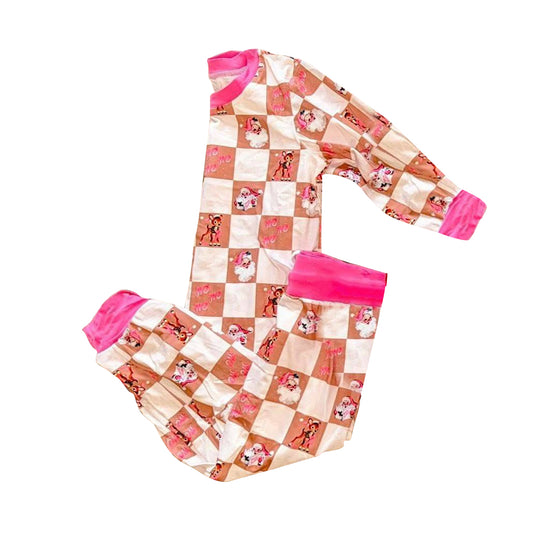 presale GLP2754 Baby Girls White Checked Santa Deer Top Pant Christmas Pajamas Set  D 902