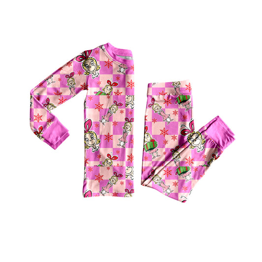 presale GLP2758  Baby Girls Pink Checked Cartoon Miss Top Pant Christmas Pajamas Set D 902