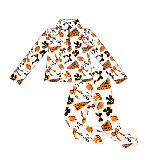 presale GLP2760 Baby Girls Orange Bows Footballs Go Teams Pockets Zip Pullovers Leggings Team Yoga Set  D 913