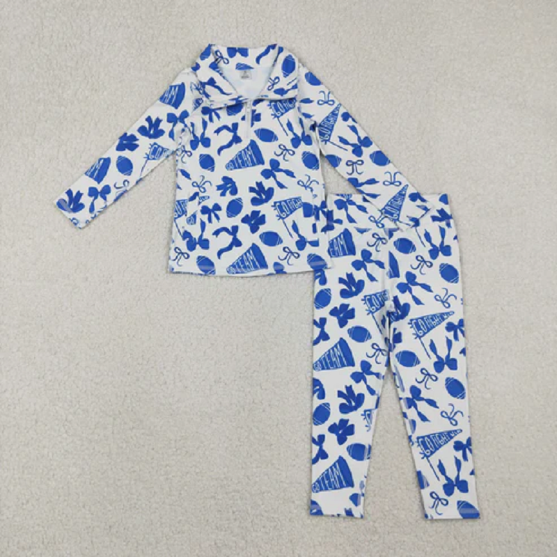 Sibling Baby Girls Bows Footballs Go Team Zipper Pullover Leggings Yoga Active Clothes Sets  D 1122