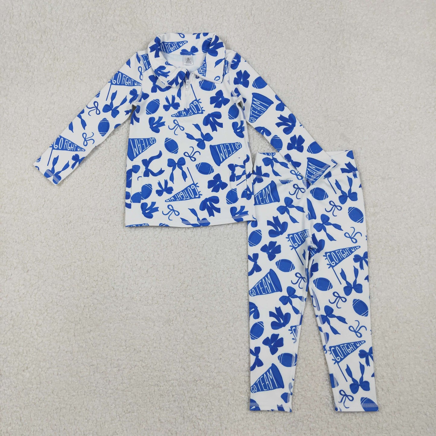 GLP2761  Baby Girls Blue Bows Footballs Go Teams Pockets Zip Pullovers Leggings Team Yoga Set
