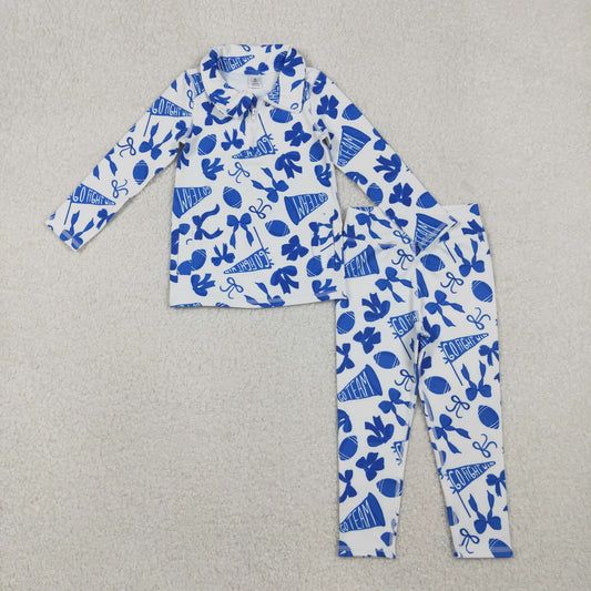 GLP2761  Baby Girls Blue Bows Footballs Go Teams Pockets Zip Pullovers Leggings Team Yoga Set