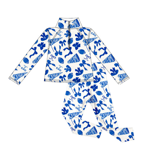 presale GLP2761  Baby Girls Blue Bows Footballs Go Teams Pockets Zip Pullovers Leggings Team Yoga Set  D 913