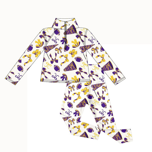 presale GLP2762 Baby Girls Purple Bows Footballs Go Teams Pockets Zip Pullovers Leggings   D 913