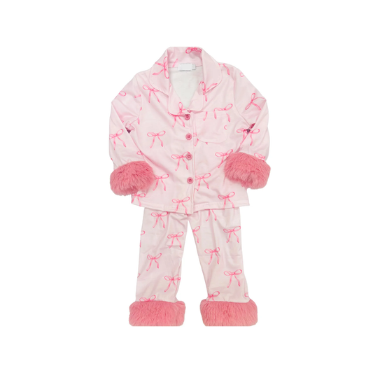 presale GLP2764 Baby Girls Light Pink Bows Plaid Button Pocket Top Pant Fur Pajamas Set D 903