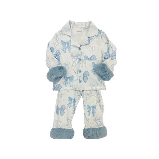 presale GLP2766 Baby Girls Blue Bows Plaid Button Pocket Top Pant Fur Pajamas Set D 903