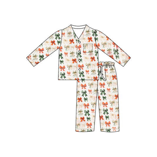 presale GLP2768  Baby Girls Green Red Bows Plaid Button Pocket Top Pant Christmas Pajamas Set D 903