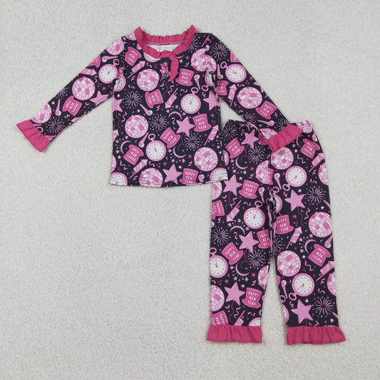 GLP2771 Baby Girls Hot Pink Button Happy New Year Top Pant Pajamas Set D 1022
