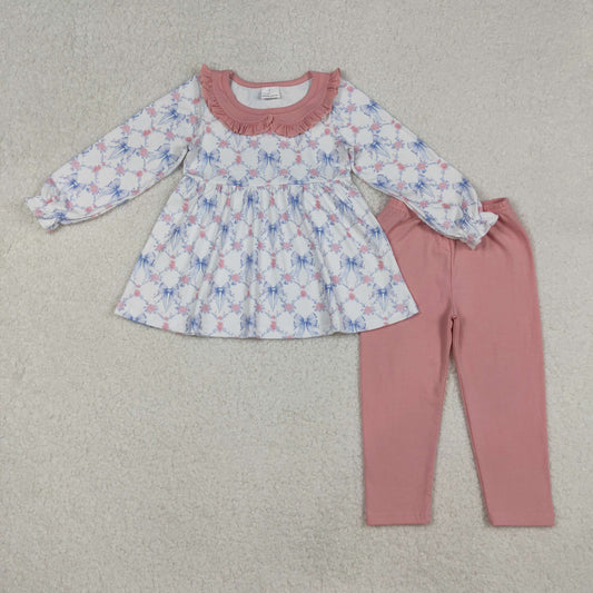 GLP2774 Baby Girls Blue Bows Flowers Tunic Leggings Pant Fall Clothes Set D 905