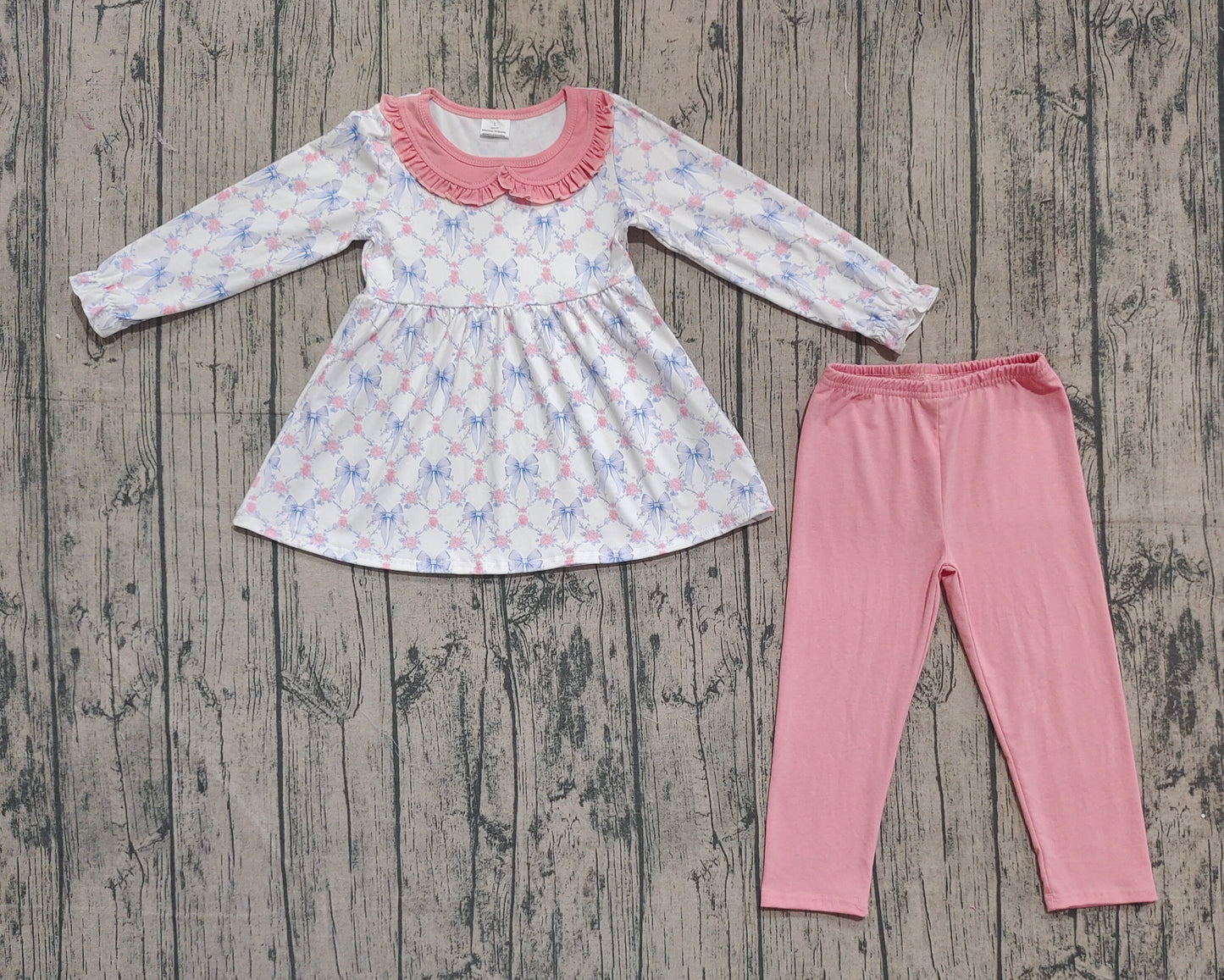 GLP2774 Baby Girls Blue Bows Flowers Tunic Leggings Pant Fall Clothes Set  D 905