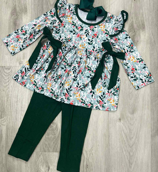 presale GLP2775  Baby Girls Green Flowers Bows Tunic Leggings Pant Fall Clothes Set D 905