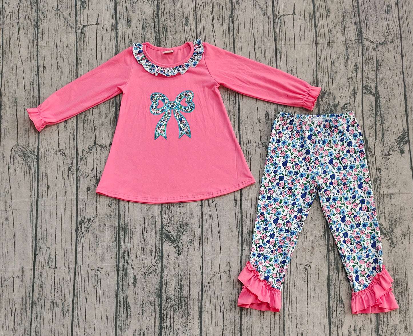 GLP2777 Embroidery Floral Bow Baby Girls Tunic Ruffle Leggings Clothes Set  D 1023