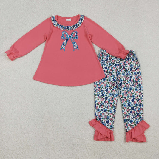GLP2777 Embroidery Floral Bow Baby Girls Tunic Ruffle Leggings Clothes Set D 1023
