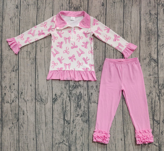 presale GLP2778 Baby Girls Pink Bows Zipper Pullover Ruffle Legging Pant Fall Clothes Set  D 905