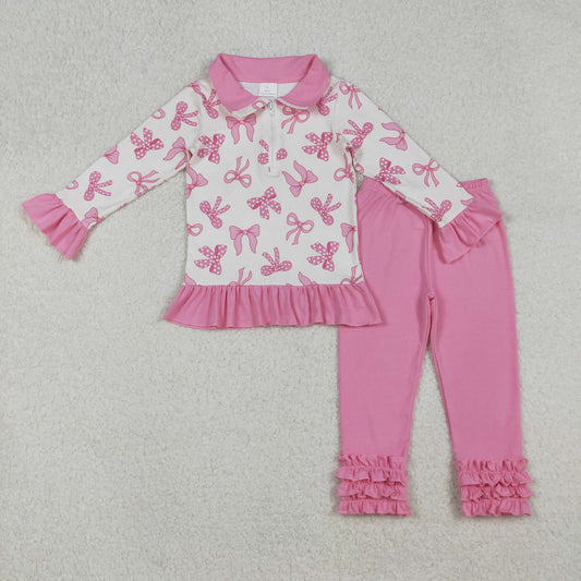 GLP2778 Baby Girls Pink Bows Zipper Pullover Ruffle Legging Pant Fall Clothes Set D 905
