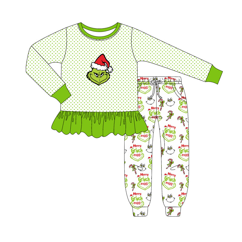 presale GLP2779 Baby Girls Green Face Stripe Tunic Pockets Jogger Pant Christmas Set  D 905