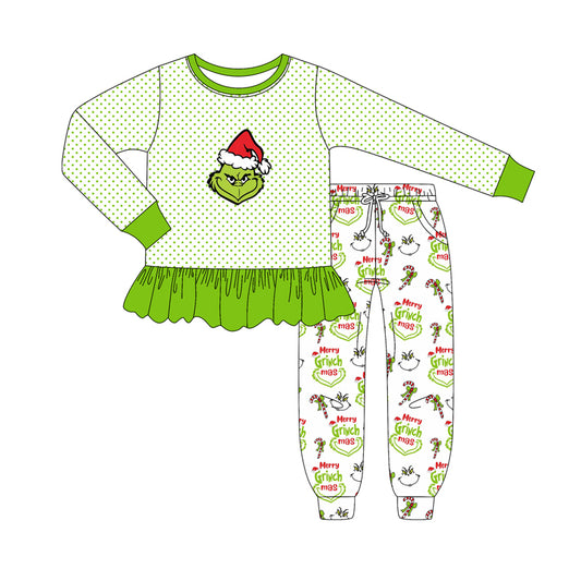 presale GLP2779 Baby Girls Green Face Stripe Tunic Pockets Jogger Pant Christmas Set  D 905