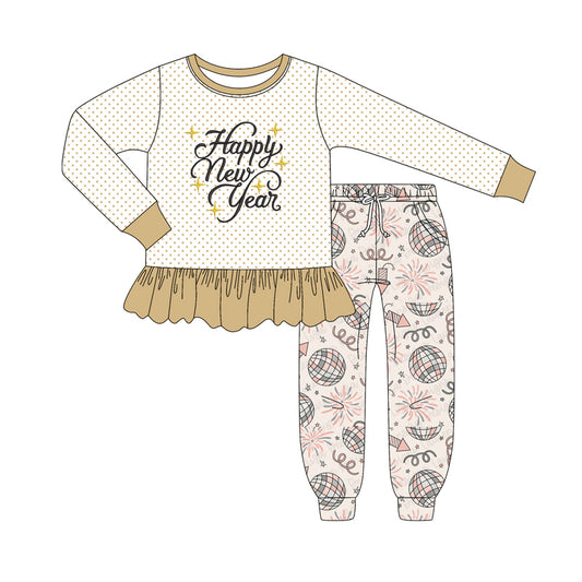 presale GLP2780 Baby Girls Khaki Stripe Happy New Year Tunic Pockets Jogger Pant Set  D 905