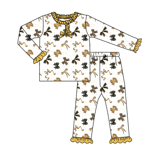 presale GLP2781   Baby Girls Black Gold Bows Button Top Ruffle Pant Pajamas Set D 905