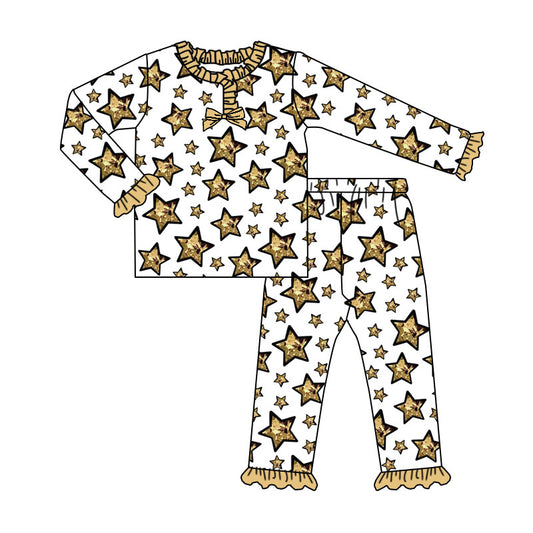 presale GLP2782 Baby Girls Gold Stars Button Top Ruffle Pant Pajamas Set D 905