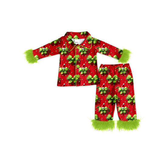 presale GLP2784 Baby Girls Green Bows Lights Button Top Pant Christmas Fur Pajamas Set  D 905