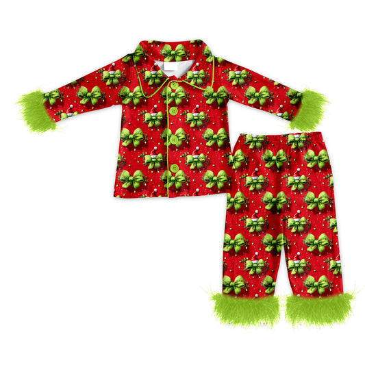 presale GLP2785 Adult Women Green Bows Lights Button Top Pants Christmas Fur Pajamas Set D 905