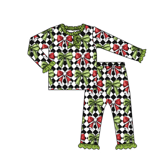 presale GLP2786 Baby Girls Black Checked Green Red Bows Button Christmas Pajamas Set D 906