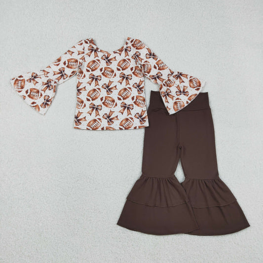 Baby Girls' Team Clothes Set with Bell Sleeve Footballs Bows Top And Ruffle Bell Bottom Pants for Little Ones