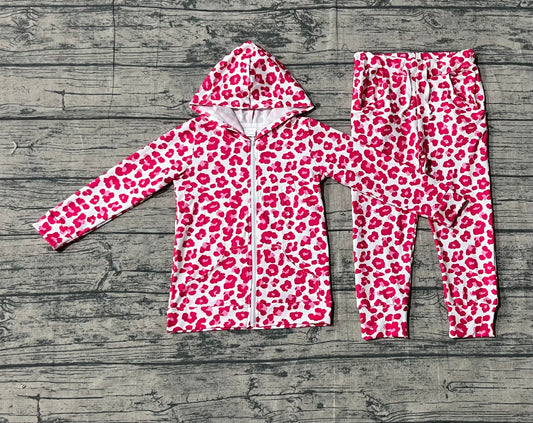 presale GLP2790 Baby Girls Pink Leopard Zipper Pockets Hoodie Jogger Pant Clothes Sets  D 917