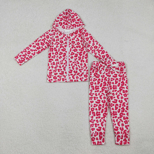 GLP2790 Baby Girls Pink Leopard Zipper Pockets Hoodie Jogger Pant Clothes Sets  D 1024