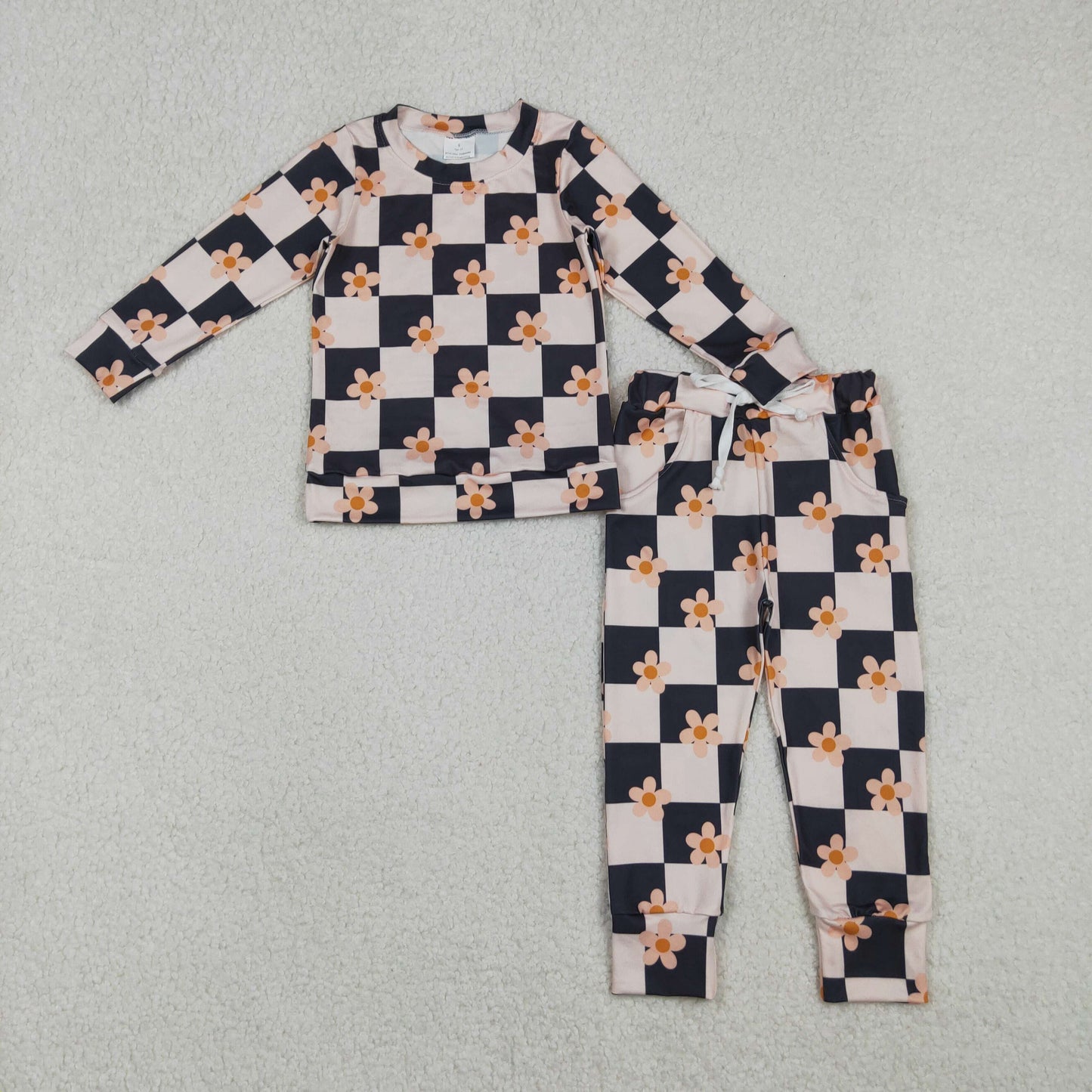 GLP2803 Baby Girls Pink Black Checked Flowers Top Pockets Jogger Pant Clothes Sets  D 1006