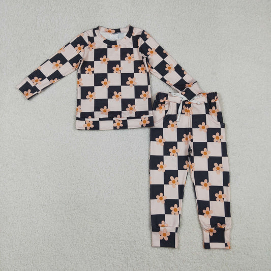 GLP2803 Baby Girls Pink Black Checked Flowers Top Pockets Jogger Pant Clothes Sets  D 1006