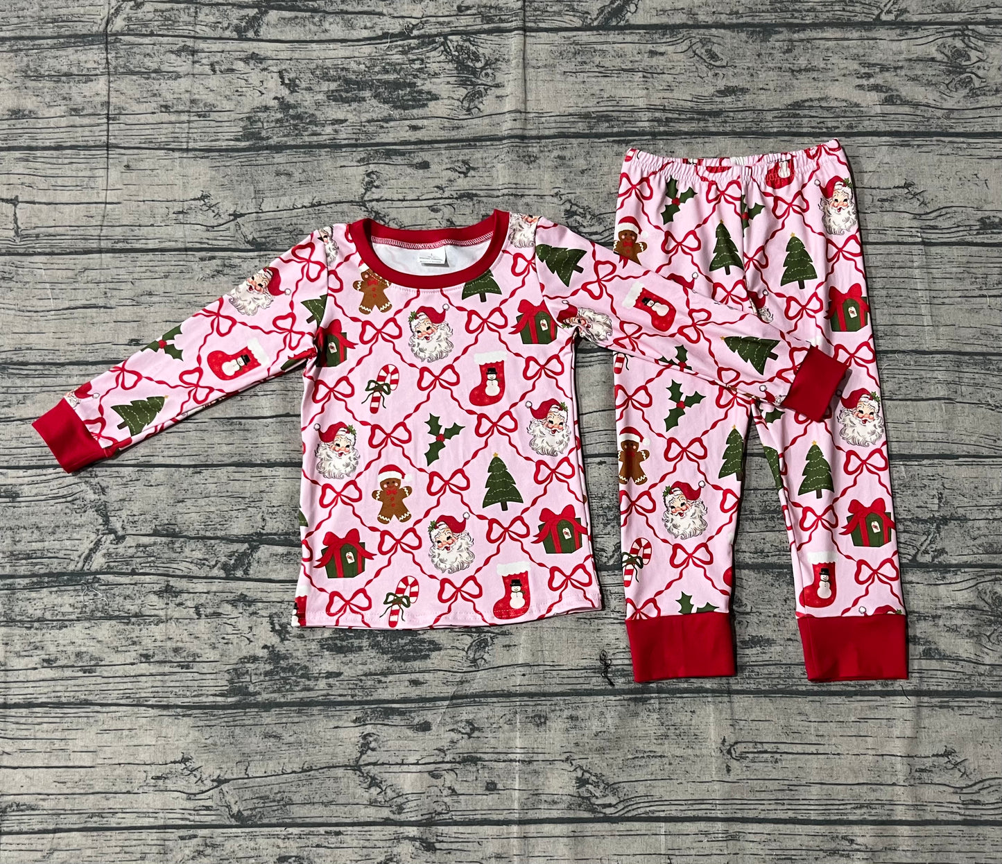 presale GLP2807  Baby Girls Red Bows Santa Gifts Plaid Top Pant Christmas Pajamas Sets D 918