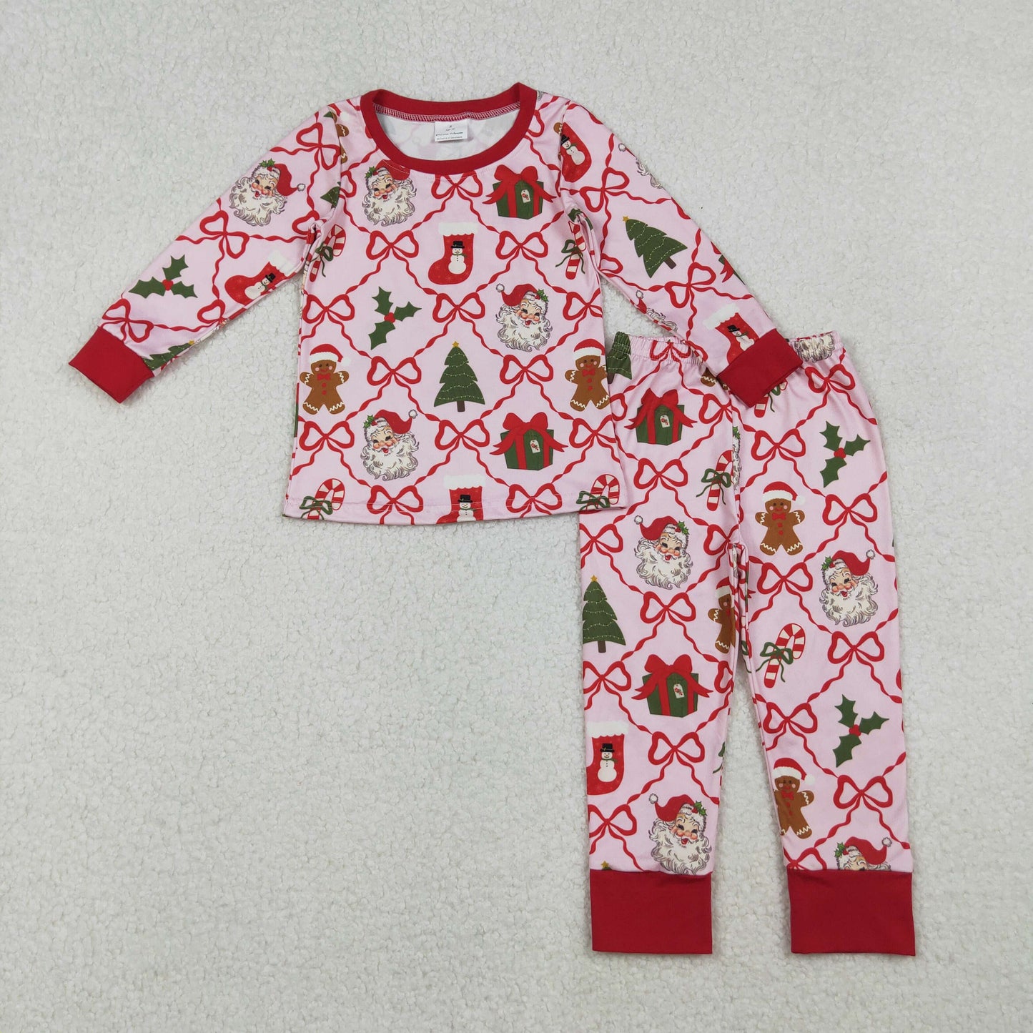 GLP2807  Baby Girls Red Bows Santa Gifts Plaid Top Pant Christmas Pajamas Sets