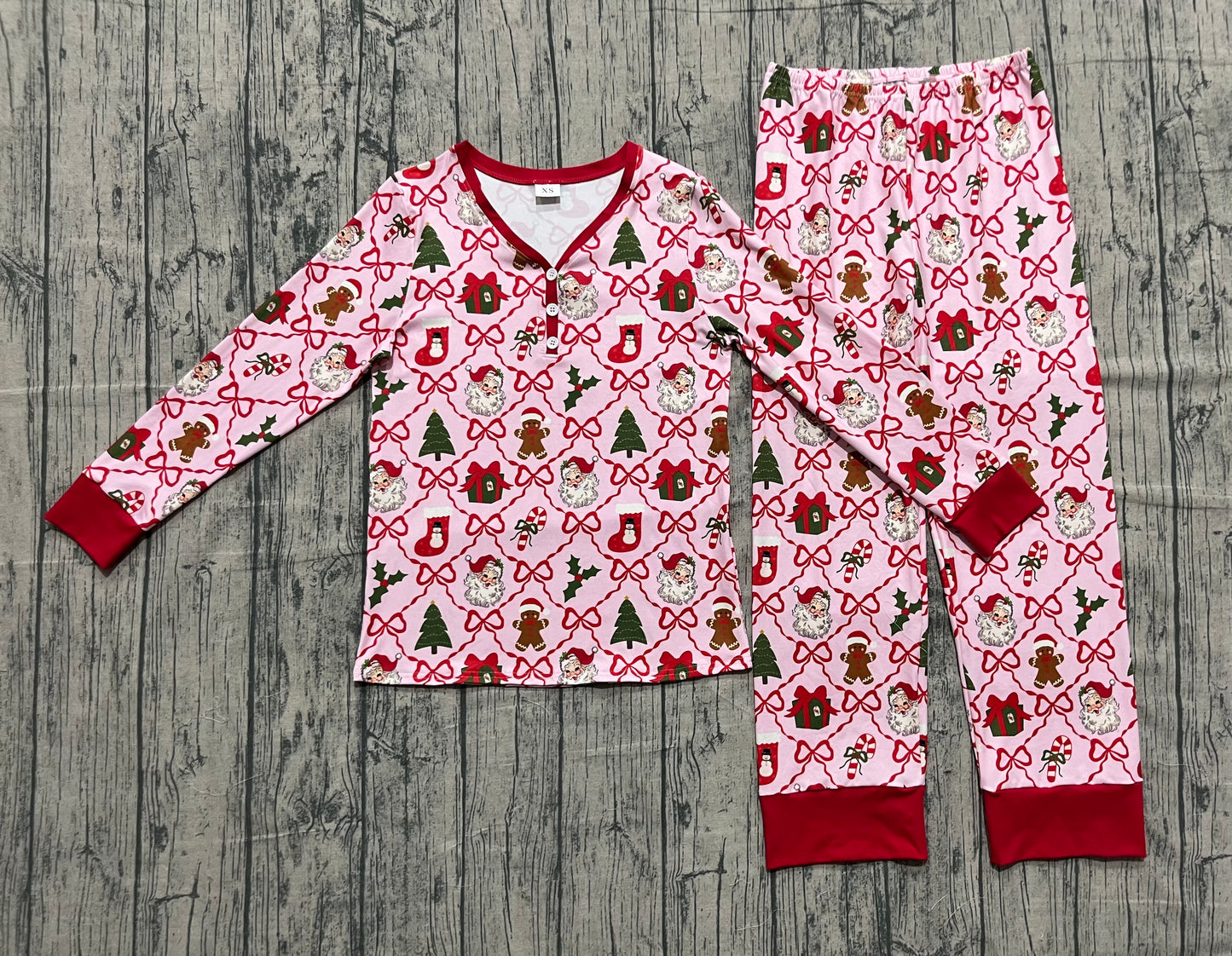 GLP2815 Adult Women Red Bows Santa Gifts Plaid Top Pant Christmas Pajamas Sets  D 1022