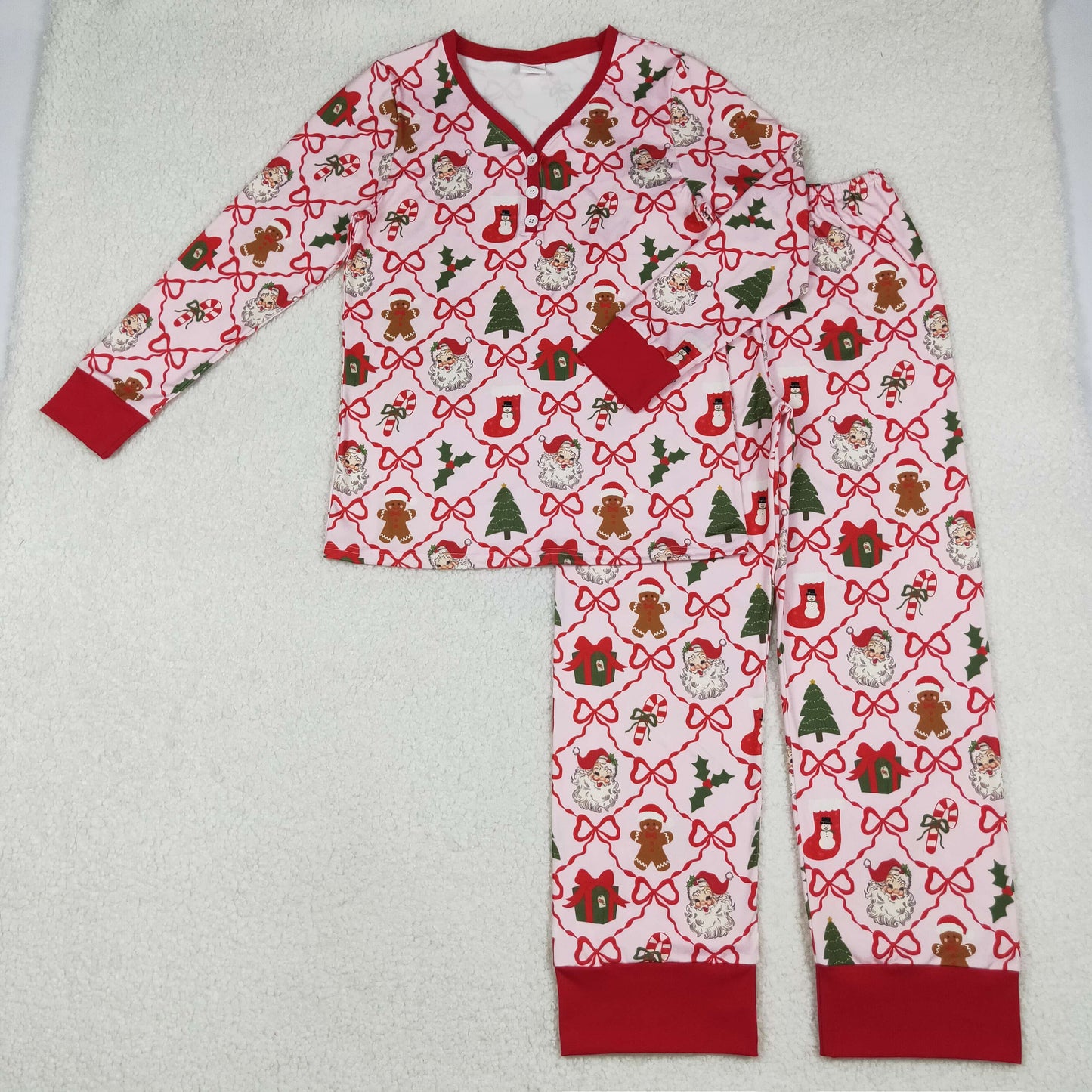 GLP2815 Adult Women Red Bows Santa Gifts Plaid Top Pant Christmas Pajamas Sets  D 1022