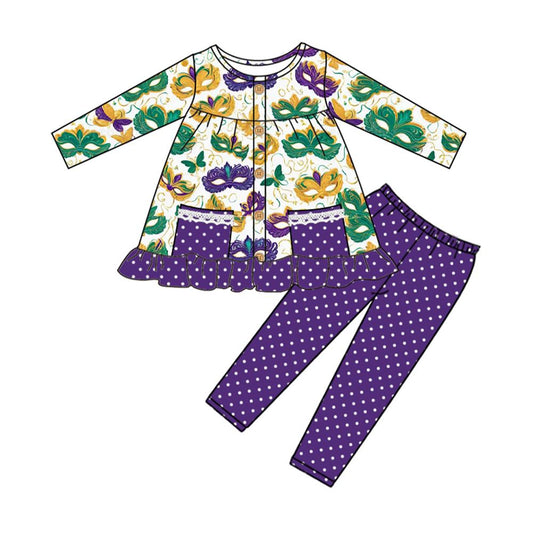 presale GLP2821 Baby Girls Mardi Gras Masks Button Pockets Tunic Leggings Clothes Sets  D 909